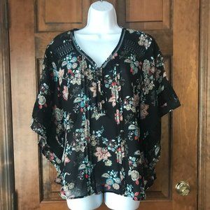 Zac & Rachel Black w/Colorful Flowers Pullover Blouse w/Butterfly Sleeves Large